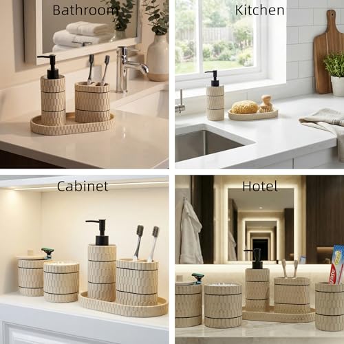 Bathroom Accessory Set, 6 Piece Bathroom Essentials Sets Accessories, Soap Dispenser Set, Toothbrush Holder, Vanity Tray, Tumbler, Cotton Swab Jars, Decor Organizer for Modern Bathrooms(Beige)