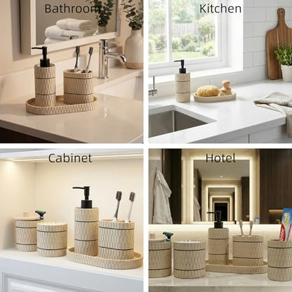 Bathroom Accessory Set, 6 Piece Bathroom Essentials Sets Accessories, Soap Dispenser Set, Toothbrush Holder, Vanity Tray, Tumbler, Cotton Swab Jars, Decor Organizer for Modern Bathrooms(Beige)