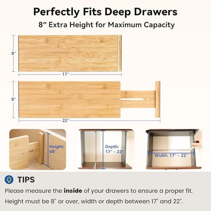 4 Pack 8" Deep Bamboo Drawer Dividers, 17-22" Expandable Kitchen Organizers | Adjustable Spring-Loaded Tension Separators with Foam Pad for Clothes, Utensils, Kitchen, Dresser, Nursery & Bathroom - size: 8"H, 17-22"L Adjustable