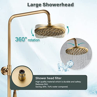NeierThodore Antique Brass 8-Inch Bathroom Shower Faucet System Rainfall Shower Head Wall-Mounted Dual Cross Handle Bathtub Shower Mixer Tap with Hand Sprayer - color: Antique Brass, size: 8 Inch 3 Modes