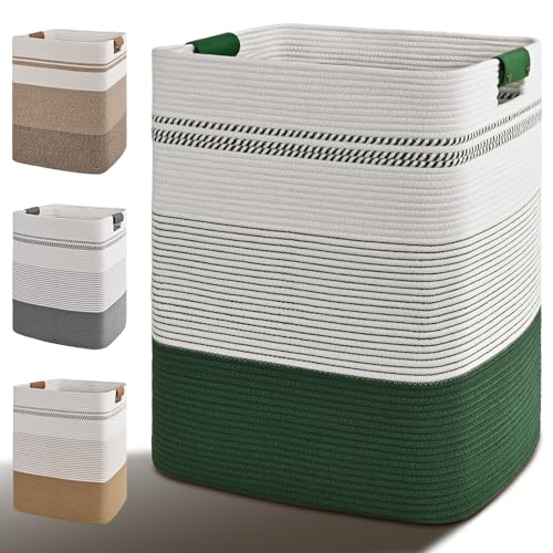 Laundry Hamper, 75L Tall Laundry Basket with Leather Handles, Rectangle Large Clothes Hamper for Organizing, Cotton Woven Laundry Baskets Storage Hampers for Bedroom, Nursery, Living Room - color: Green, size: 75L