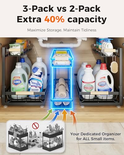 3-Pack 2-Tier Height Adjustable Under Sink Organizer, Black | Multi-purpose metal storage shelf with sliding shelves for kitchen, bathroom, pantry & laundry cabinet - color: Black