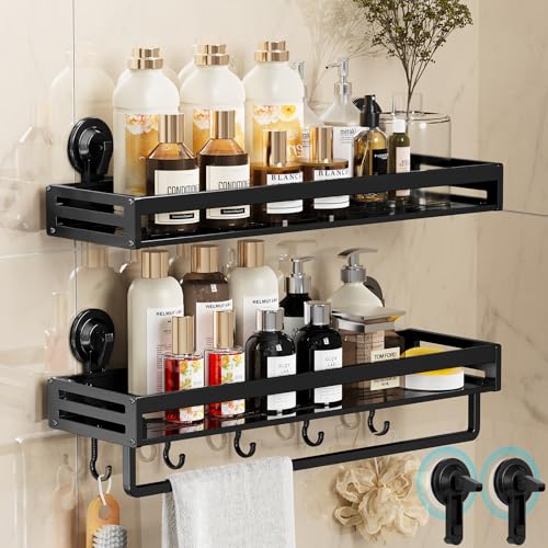 Suction Cup Shower Caddy with 5 Hooks & Towel Rrack 15.7inch Black | No Drilling Shower Organizer with Large Capacity, Rust-resistant Bathroom Organizer, With 2 Backup Suction Cups (2-Pack) - size: 15.7 inches(2-Pack Black )