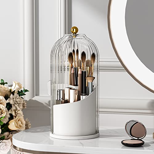 YOOLENS Makeup Brush Holder with Lid 360 Rotating Clear Dustproof Make Up Organizers for Vanity Bathroom Countertop, Transparent | with Lid - color: Transparent