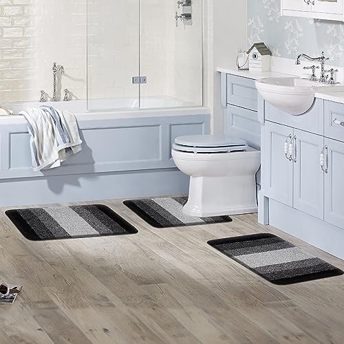 Walensee Contour Rug (20 x 24, Ombre Black) - Non Slip, Water Absorbent, Soft Microfiber Shaggy Bath Mat, Machine Washable, U Shape Toilet Rug - color: Ombre Black, size: 20" x 24" Contour