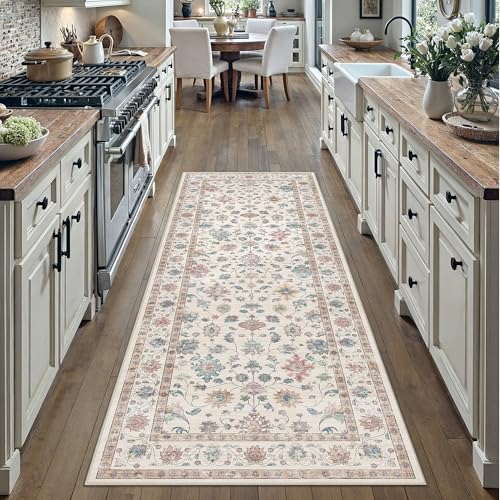 2x6 Colorful Retro Floral Washable Runner Rug for Hallway | Low Pile, Non Slip, Retro Style, Soft Distressed Hallway Runner Rug for Kitchen, Entryway, Laundry Room, Home Decor - color: Colorful, size: 2' x 6' (Runner)