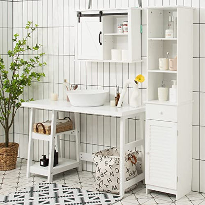 Tangkula Tall Bathroom Cabinet, Slim Storage Cabinet with 3 Tier Shelf, Drawer & Enclosed Narrow Floor Linen Tower Adjustable Shelves for Living Room, 13.5 x 12 64.5 Inches White