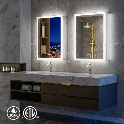 20x32 LED Medicine Cabinet Mirror with Double Lights-Front & Backlit, 155°Soft-close Hinge, Surface or Recessed Dimmable Lighted Medicine Cabinet Mirror with Clock Outlet Inner Light,Anti-fog - size: 20x32'' (Left Hinge)