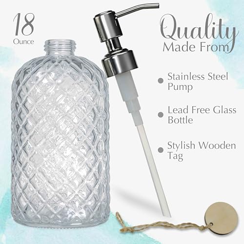 JASAI 18Oz Gem Patterned Clear Glass Soap Dispenser with Rust Proof Pump | Refillable Hand soap Dispenser for Kitchen, Premium Bathroom Soap Dispenser for Dish Soap, Hand soap, Lotion(Clear) - color: Clear