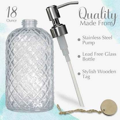 JASAI 18Oz Gem Patterned Clear Glass Soap Dispenser with Rust Proof Pump | Refillable Hand soap Dispenser for Kitchen, Premium Bathroom Soap Dispenser for Dish Soap, Hand soap, Lotion(Clear) - color: Clear