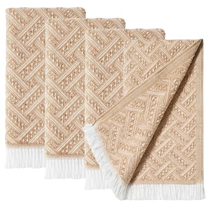 4-Pack Cotton Bathroom Hand Towels – Boho Cotton Hand Towel Set with Jacquard Weave & Fringe, 13"x29.1" Absorbent Soft Face Set for Kitchen, Bathroom, Guest Tea Gift (Brown, White) - color: Brown，white
