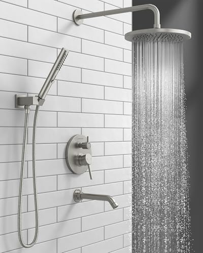 Lava Odoro Modern Rain Bathtub and Shower Faucet Set, SF104-BN-T | 3-Setting Round Bathtub Shower Faucet, Shower System with Tub Spout, Bath Shower Valve Trim Kit, 10 Inch, Brushed Nickel - color: Brushed Nickel, style: With Tub Spout