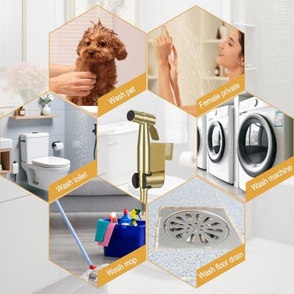 Gold Handheld Bidet Sprayer for Toilet,Stainless Steel Handheld Sprayer Kit With Adjustable Pressure For Personal Hygiene, Pet Bathing, Bathroom Cleaning