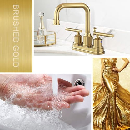 WOWOW Brushed Gold Bathroom Faucet 4 inch Bathroom Sink Faucet 3 Hole RV Sink Tap 2 Handle Vanity Taps with Drain Assembly Centerset Lavatory Mixer 360-Degree Swivel Spout - color: Brushed Gold, style: Centerset - 4 Inch