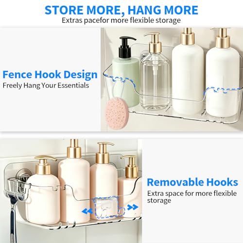 CGBE 5-Pack Adhesive Shower Caddy Set, No-Drill Bathroom Shelves | Rustproof Clear PET Wall Shelf with Open-Bottom Drainage, Hooks & Extra Adhesive Pads for Tile, Glass and Metal Surfaces