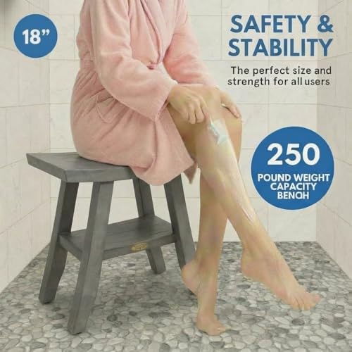 CoastalVogue Satori 18" Gray Teak Shower Bench with Curved Seat | Waterproof teak shower stool features adjustable non-slip feet for secure use on wet or uneven shower floors - size: 18x12x18, style: Shelf