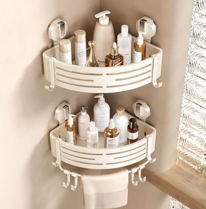 Corner Shower Caddy Suction Cup Shower Shelf Corner No Drilling Bathroom Shower Organizer Storage Rack Adhesive with Towel Bar Hooks(2-Pack, Ivory)