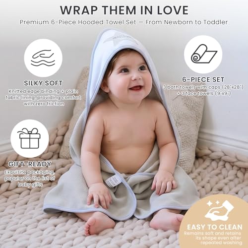 Softan Baby Hooded Towels and Washcloths Set 6 Pack, 28x28 Ultra Soft & Absorbent Baby Bath Towels for Newborn Infant Toddler, Unisex Boys Girls (Grey Star) - color: Gray Star