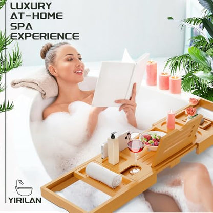 Bamboo Bath Tray, Foldable Premium Bath Caddy, Adjustable Bath Board with Book Rest, Extendable Wooden Tray Bath Shelf – Fits Most Bath Sizes - color: Bamboo