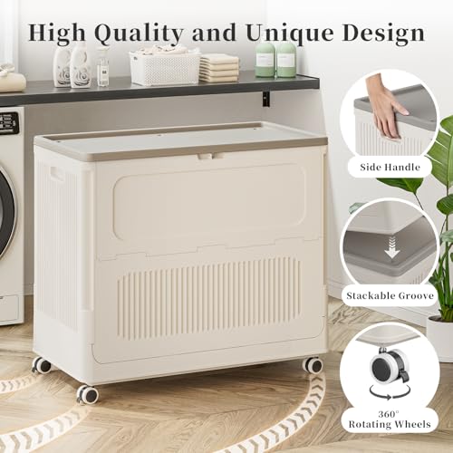 Extra Large Laundry Hamper with Lid Wheels 180L | Fits Large Families, Industries, Heavy-Duty Frame, 4 Smooth Wheels, Dust-Free Lid, Easy-Clean Plastic, Foldable Assembly - color: Milky, size: 180L