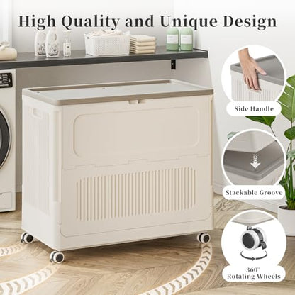 Extra Large Laundry Hamper with Lid Wheels 180L | Fits Large Families, Industries, Heavy-Duty Frame, 4 Smooth Wheels, Dust-Free Lid, Easy-Clean Plastic, Foldable Assembly - color: Milky, size: 180L
