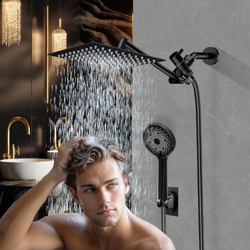 Shower Head,10”Rain Shower Head with Handheld Spray Combo with 11'' Angle Adjustable Extension Arm/Flow Regulator/Shower System,High Pressure Rainfall Shower Head Clean Bathroom,Matt Black - color: Black, size: 10 Inch