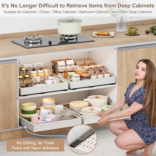 Fokyfok 2Pc Pull out Cabinet Organizer,16"-21"W,13"-17"D,Expandable | No Drill,Adjustable,Roll out Drawers,Adhesive Sliding Drawers,Slide out Shelves for Cabinets Without Lip,Kitchen,Pantry,White - size: (16"W-21"W)X(13"W-17"D)