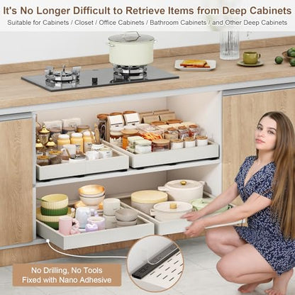 Fokyfok 2Pc Pull out Cabinet Organizer,16"-21"W,13"-17"D,Expandable | No Drill,Adjustable,Roll out Drawers,Adhesive Sliding Drawers,Slide out Shelves for Cabinets Without Lip,Kitchen,Pantry,White - size: (16"W-21"W)X(13"W-17"D)