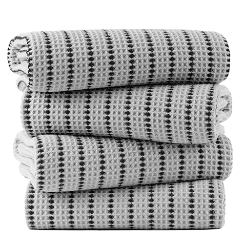 POLYTE 430 GSM Poly Blend Microfiber Quick Dry Waffle Bath Towel, 30x60 in | 4 Pack, Oversize, Lint Free, Body Towel - color: Light Gray/Black