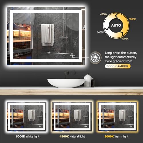 Hivone 40"X30" LED Bathroom Mirror with Lights, Anti-Fog, Dimmable, Backlit + Front Lit, Smart Bathroom Vanity Mirror, Memory Function, Shatterproof, Tempered Glass (Horizontal/Vertical) - size: 40"L x 30"W