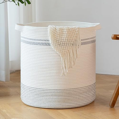 OIAHOMY 80L Laundry Basket, Laundry Hamper, Cotton Rope Storage Basket with Handles, Decorative Woven Basket for Living Room,Storage Baskets for Clothes, Blankets, and Toys -20''×18'', White&Gray | Tall Dirty Clothes Hamper with Handle,Blanket Basket,Deco