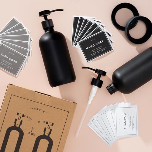Hand and Dish Soap Dispenser for Kitchen and Bathroom, Set of 2 16 Oz Glass Bottles, Stainless Steel Pumps, Non-Slip Silicone Base, 27 Waterproof Labels (Matte Black Bottle/Black Pump) - color: Matte Black Bottle / Black Pump