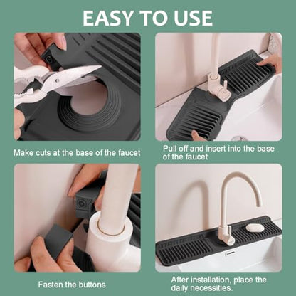 24 Inch Faucet Mat for Kitchen Sink Silicone Folding Faucet Mat for Bathroom Sink Splash Guard 7° Slope Water Draining Tray with Button Lock for Kitchen Bathroom Bar ect(Black) - color: Black