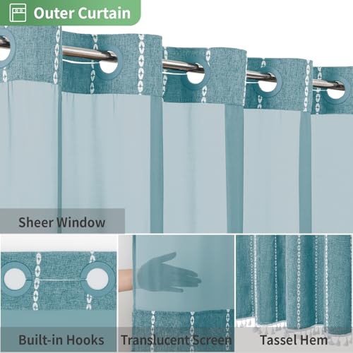 eachope Boho Farmhouse No Hook Shower Curtain Set with Snap-in Fabric Liner,Heavy-Duty Linen Textured Rustic Striped Design,Water-Repellent with Tassels and Sheer Window,Teal,71x74 - color: Teal, size: 71"W x 74"L (Pack of 1)