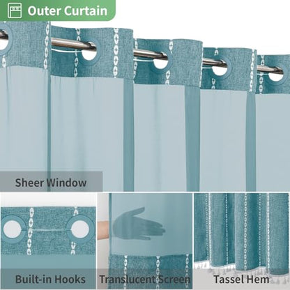 eachope Boho Farmhouse No Hook Shower Curtain Set with Snap-in Fabric Liner,Heavy-Duty Linen Textured Rustic Striped Design,Water-Repellent with Tassels and Sheer Window,Teal,71x74 - color: Teal, size: 71"W x 74"L (Pack of 1)