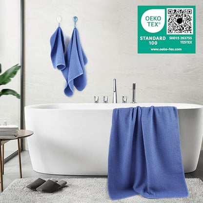 POLYTE 430 GSM Poly Blend Microfiber Quick Dry Waffle Bath Towel Set of 6 | 2-Body Towels, 2-Hand Towels, 2-Wash cloths, Oversize, Lint Free - color: Royal Blue