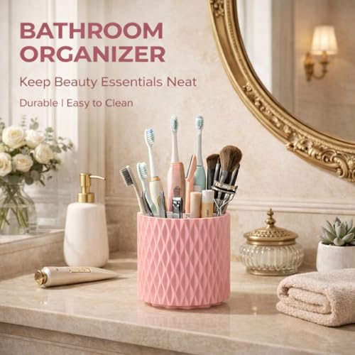 Pink Makeup Brush Holder, 360° Rotating Makeup Organizer | Cute 5-slot spinning vanity caddy for makeup brushes, lipstick & hair accessories — bathroom, dorm & office desk - style: Pink