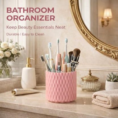 Pink Makeup Brush Holder, 360° Rotating Makeup Organizer | Cute 5-slot spinning vanity caddy for makeup brushes, lipstick & hair accessories — bathroom, dorm & office desk - style: Pink