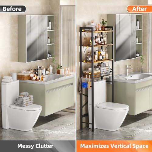 Over-The-Toilet Storage Rack, 4-Tier Bathroom Organizer Shelf Over Toilet with Adjustable Shelf and Basket, Freestanding Space Saver Bathroom Shelves Above Toilet for Room (Rustic Brown) - color: Brown