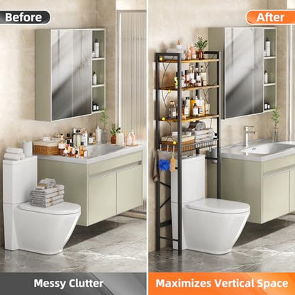 Over-The-Toilet Storage Rack, 4-Tier Bathroom Organizer Shelf Over Toilet with Adjustable Shelf and Basket, Freestanding Space Saver Bathroom Shelves Above Toilet for Room (Rustic Brown) - color: Brown