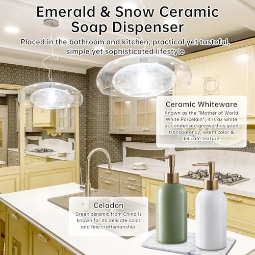Refillable Soap Dispenser for Kitchen Sink,Small Gold Ceramic Lotion Pump Bottle for Bathroom Countertop Sink, Round Hand Soap Dispenser Bottle with Golden Stripe for Laundry Shower Liquid (Green) - color: Green