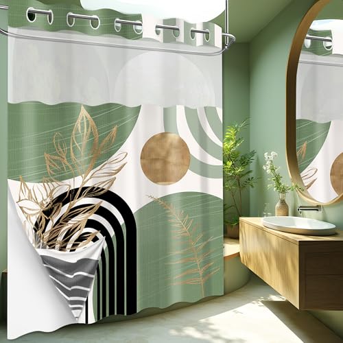 Sage Green Hookless Shower Curtain with Snap in Liner, Boho Mid Century Black and Light Green No Hook Double Layer Shower Curtains and Liner Set, Waterproof Cloth Fabric, 71" W X 74" L - color: Green, size: 71"W x 74"L (Pack of 1)