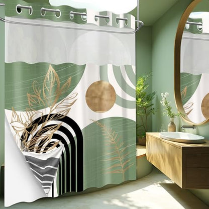 Sage Green Hookless Shower Curtain with Snap in Liner, Boho Mid Century Black and Light Green No Hook Double Layer Shower Curtains and Liner Set, Waterproof Cloth Fabric, 71" W X 74" L - color: Green, size: 71"W x 74"L (Pack of 1)