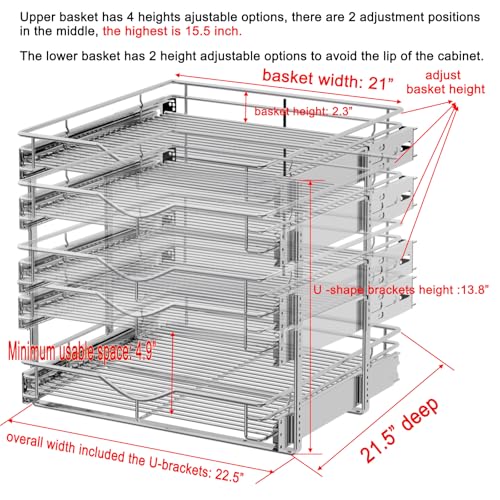 DINDON Pull Out Cabinet Organizer (22-1/2" W x 21-1/2"D), Cabinet Pull Out Shelves, 2 Tier Pull Out Drawers for Kitchen Cabinets, Wire Basket Slide Out Shelf, Pot and Pan Organizer - size: 22-1/2" W X 21-1/2" D