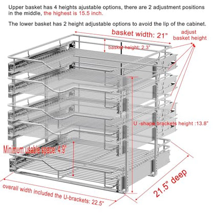 DINDON Pull Out Cabinet Organizer (22-1/2" W x 21-1/2"D), Cabinet Pull Out Shelves, 2 Tier Pull Out Drawers for Kitchen Cabinets, Wire Basket Slide Out Shelf, Pot and Pan Organizer - size: 22-1/2" W X 21-1/2" D