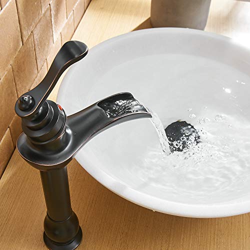 BWE Vessel Sink Faucet Oil Rubbed Bronze Tall Waterfall Bathroom Faucet | Bathroom Vanity Faucet with Pop Up Drain Assembly and Supply Hose Single Handle 1 Hole Lavatory Mixer Tap Tall Body - color: Oil Rubbed Bronze