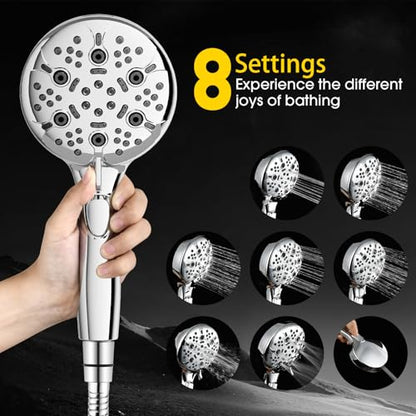 High Pressure Shower Head with Handheld,8-settings Handheld Shower Head with On Off Switch,79-inches Extra Long Hose and Built-in Power Wash to Tub,Wall&Tile,Adjustable Brackets,Silver