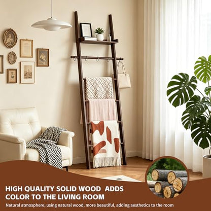 6-Tier Farmhouse Wooden Blanket Ladder with Shelf and Hooks Dark Brown | Rustic Quilt Towel Rack Decorative Holder Wall Leaning Storage with for Living Room Bedroom Decor