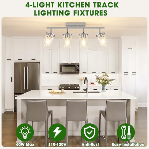 FadimiKoo 4-Lights Brushed Nickel Kitchen Lighting Fixtures Ceiling, Black Semi Flush Mount Ceiling Light with Clear Glass Shades, Adjustable Close to Ceiling Lamp for Dining Room Hallway Bedroom - color: Brushed Nickel, size: 4-Lights