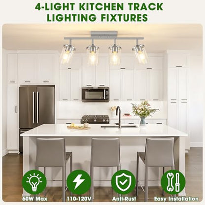 FadimiKoo 4-Lights Brushed Nickel Kitchen Lighting Fixtures Ceiling, Black Semi Flush Mount Ceiling Light with Clear Glass Shades, Adjustable Close to Ceiling Lamp for Dining Room Hallway Bedroom - color: Brushed Nickel, size: 4-Lights